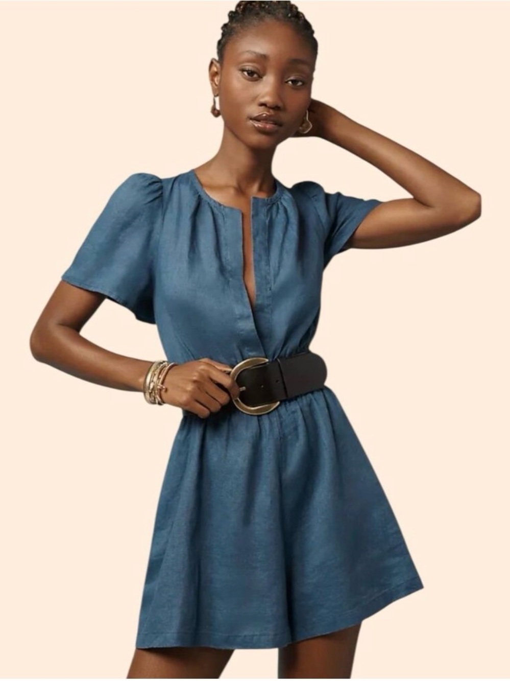 Anthropologie Slate Blue Mini Romper with Puff Sleeves